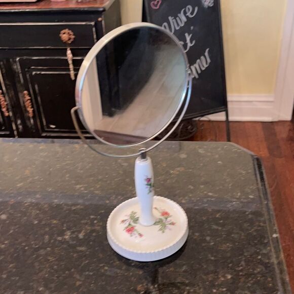 VTG Cottage Chic 12” White Porcelain Pink Rose Mirror - Picture 1 of 8